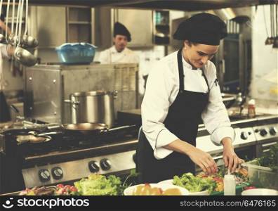 chef serving vegetable salad on plate in restaurant kitchen. chef serving vegetable salad