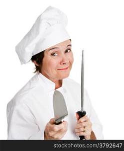 Chef sharpening a large kitchen knife. Isolated on white.