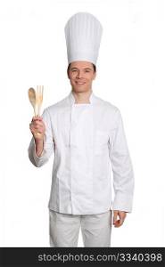 Chef standing on white background with kitchen cutlery