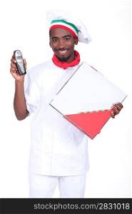 Chef with a telephone and a take away pizza box