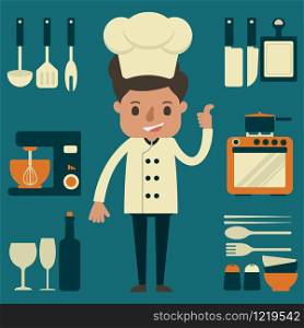 Chef with kitchenware equipment Vector illustrator design.
