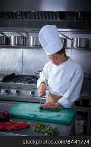 Chef woman portrait cutting at kitchen in restaurant