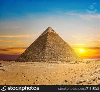 Chefren pyramid at sunset in the desert of Giza, Egypt. Chefren pyramid at sunset