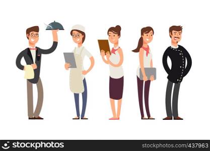 Chefs, sommelier and waitress cartoon characters. Restaurant kitchen team vector concept. Chef and waiter in restaurant illustration. Chefs, sommelier and waitress cartoon characters. Restaurant kitchen team vector concept