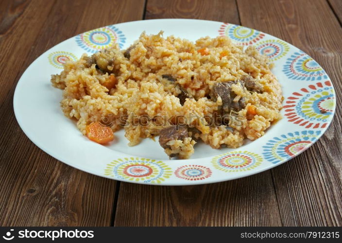 Chegdermeh - Turkmen traditional food is cooked simultaneously with rice, lamb, tomato paste