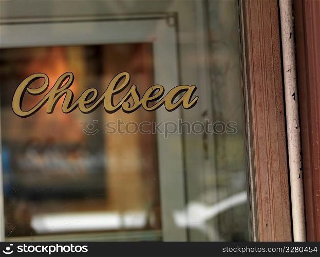 Chelsea sign on a window in Manhattan, New York City, U.S.A.