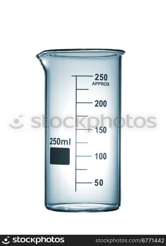 Chemical beaker isolated on white without solution, studio shot, volume 250 ml