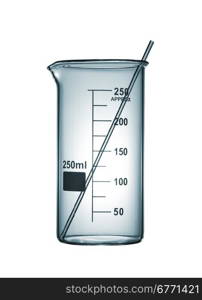 Chemical beaker with a glass rod, isolated on white background