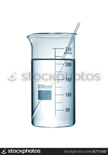 Chemical beaker with a solution and stirring rod - laboratory glassware, isolated on white background, studio shot