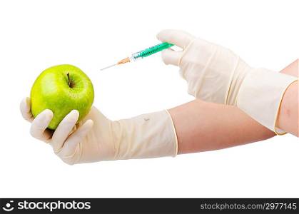 Chemical experiment with apple and syringe