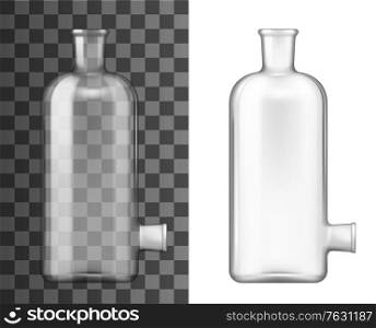 Chemical flask, laboratory glass beaker, lab glassware realistic vector 3D mockup. Chemical laboratory test flask or vial jar bottle with two necks, empty isolated on transparent background. Chemical flask, laboratory glass beaker, realistic