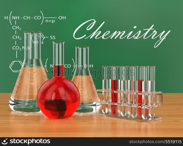 Chemical flasks and blackboard with formulas. 3d