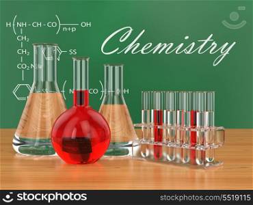 Chemical flasks and blackboard with formulas. 3d