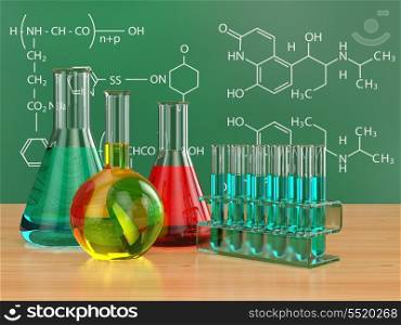 Chemical flasks and blackboard with formulas. 3d