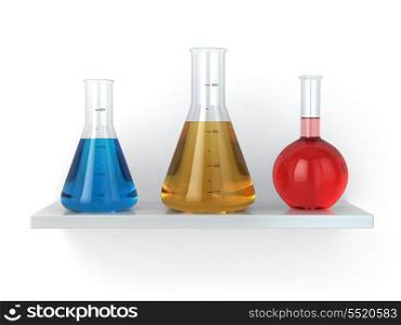 Chemical flasks on the shelf. Reagent in lab, 3d