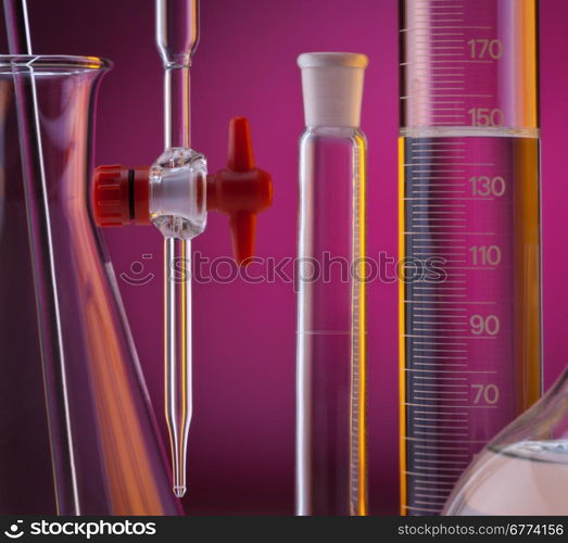 Chemical laboratory glassware measuring cylinder, pipet, volumetric flask and conical flask