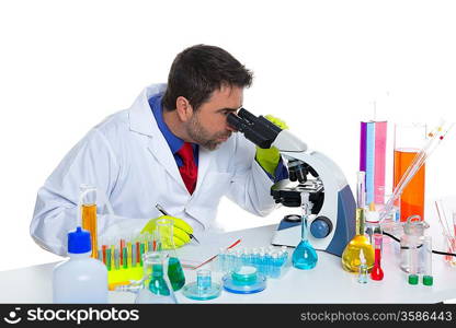 chemical laboratory scientist man looking at microscope on white desk