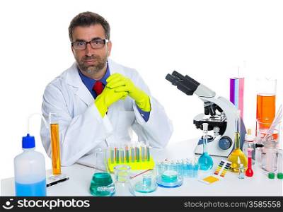 chemical laboratory scientist man working portrait on desk with microscope