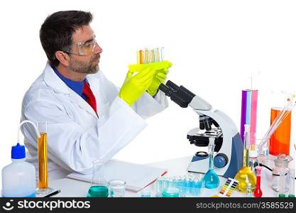 chemical laboratory scientist man working with test tubes