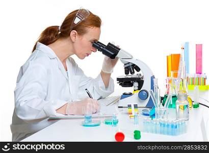 chemical laboratory scientist woman looking at microscope on white desk