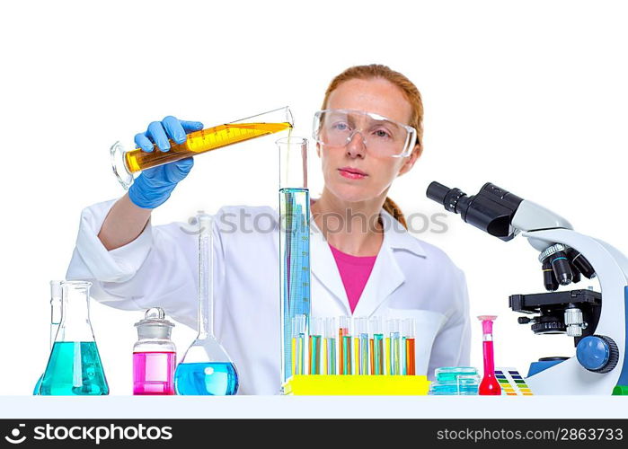 chemical laboratory scientist woman looking at test tube