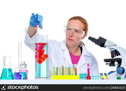 chemical laboratory scientist woman looking at test tube