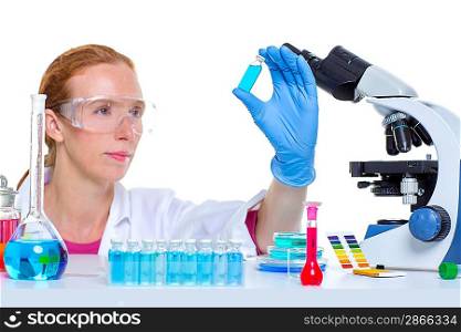 chemical laboratory scientist woman working with glass bottle