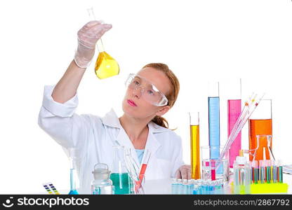 chemical laboratory scientist woman working with glass flask