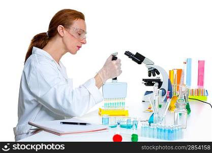chemical laboratory scientist woman working with multi channel pipette