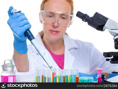 chemical laboratory scientist woman working with pipette and test tubes