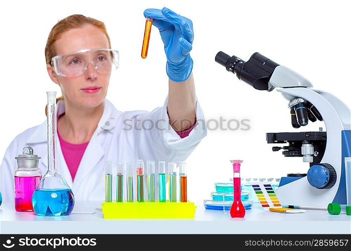 chemical laboratory scientist woman working with test tubes