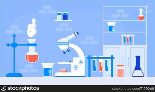 Chemical laboratory with desk, tubes, microscope. Scientists workplace concept vector. Education of chemistry, microbiology experiment, research lab vector illustration in flat design.. Chemical laboratory with desk, tubes, microscope. Scientists workplace concept vector. Education of chemistry, microbiology experiment, research lab vector illustration