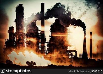 chemical plant, with heat and steam rising from the chimneys, double exposure, created with generative ai. chemical plant, with heat and steam rising from the chimneys, double exposure