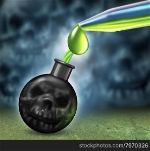 Chemical weapons concept with a bomb as a human death skull being filled using an eye droper with dangerous poison as nerve or mustard gas as a symbol of a weapon of mass destruction as a war crime with smoke shaped as evil skulls.