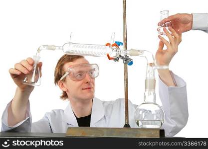 Chemist and chemical equipment, giving hand