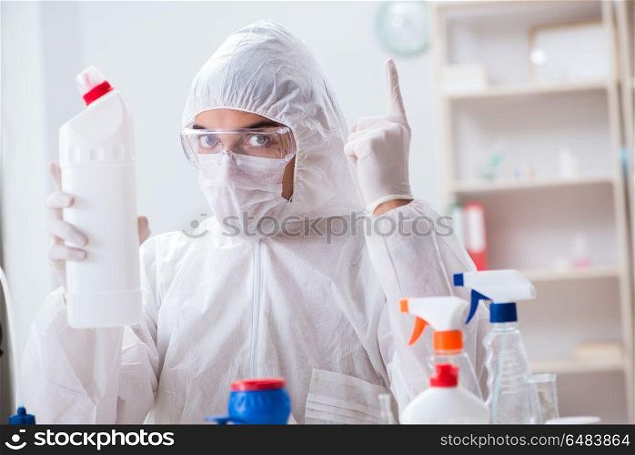 Chemist checking the quality of bathroom supplies