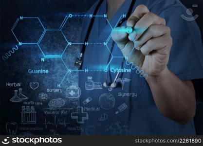 chemist doctor hand drawing chemical formulas on virtual board