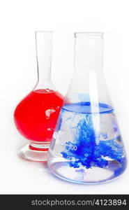 Chemist research laboratory with chemical colorful equipment over white