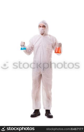 Chemist working with poisonous substances isolated on white back. Chemist working with poisonous substances isolated on white background