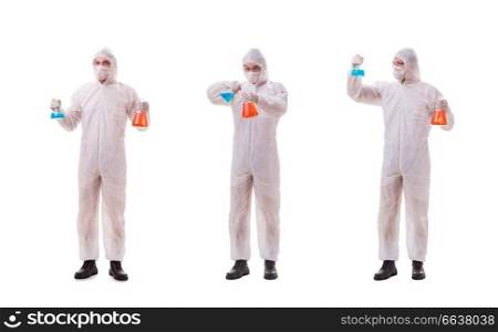 Chemist working with poisonous substances isolated on white background. Chemist working with poisonous substances isolated on white back