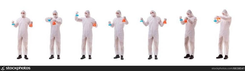 Chemist working with poisonous substances isolated on white background. Chemist working with poisonous substances isolated on white back