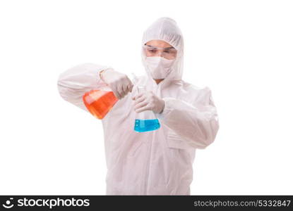 Chemist working with radioactive substances isolated on white background. Chemist working with radioactive substances isolated on white ba