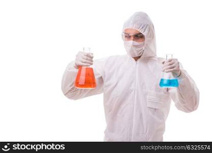 Chemist working with radioactive substances isolated on white background. Chemist working with radioactive substances isolated on white ba
