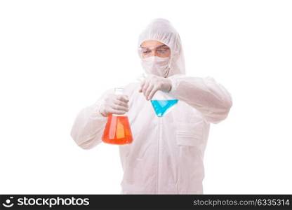 Chemist working with radioactive substances isolated on white background. Chemist working with radioactive substances isolated on white ba