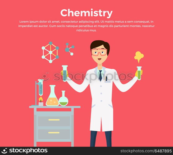 Chemistry Banner Concept Flat Style. Chemistry banner concept flat style. Scientist chemist in a laboratory flask in hands holds a science experiment isolated on a red background. Technology research and experiment. Vector illustration