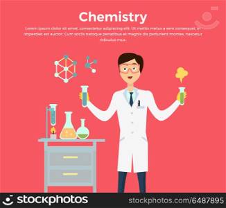 Chemistry Banner Concept Flat Style. Chemistry banner concept flat style. Scientist chemist in a laboratory flask in hands holds a science experiment isolated on a red background. Technology research and experiment. Vector illustration