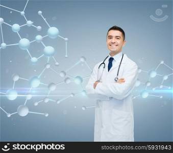 chemistry, biology, people and medicine concept - smiling male doctor in white coat over molecule formula on gray background