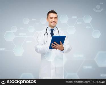 chemistry, biology, technology, people and medicine concept - smiling male doctor in white coat with tablet pc computer and chemical molecule formula over gray background
