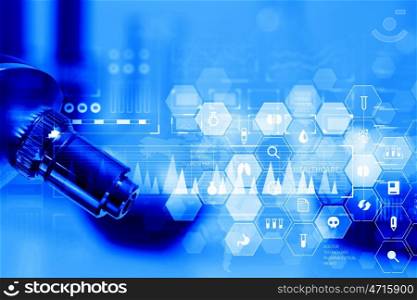 Chemistry still life. Medical or chemistry digital science background with microscope