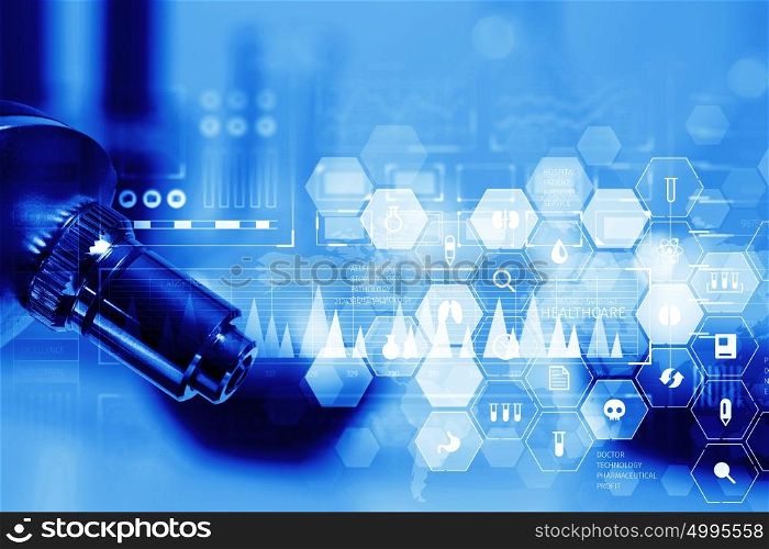 Chemistry still life. Medical or chemistry digital science background with microscope